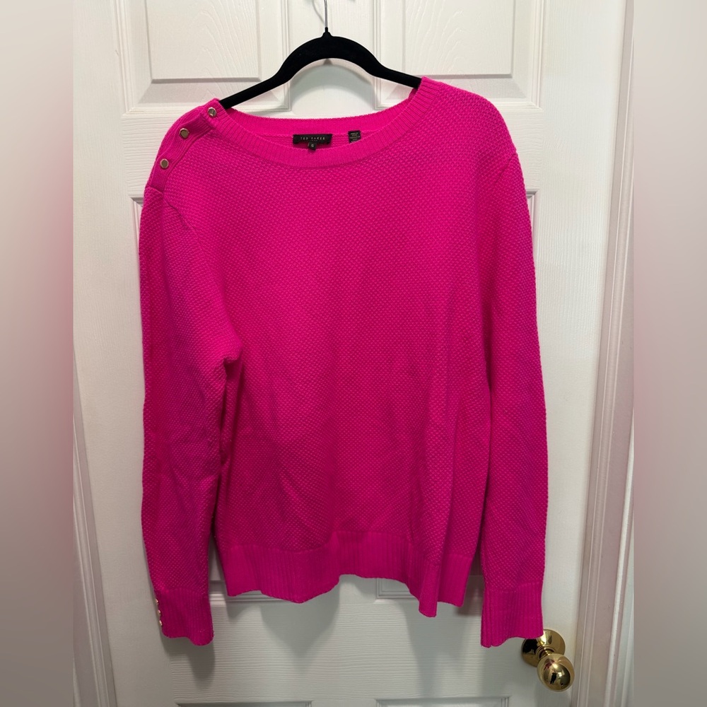 Ted Baker Vibrant Pink Crew Neck Sweater with Gold Buttons and elbow patch